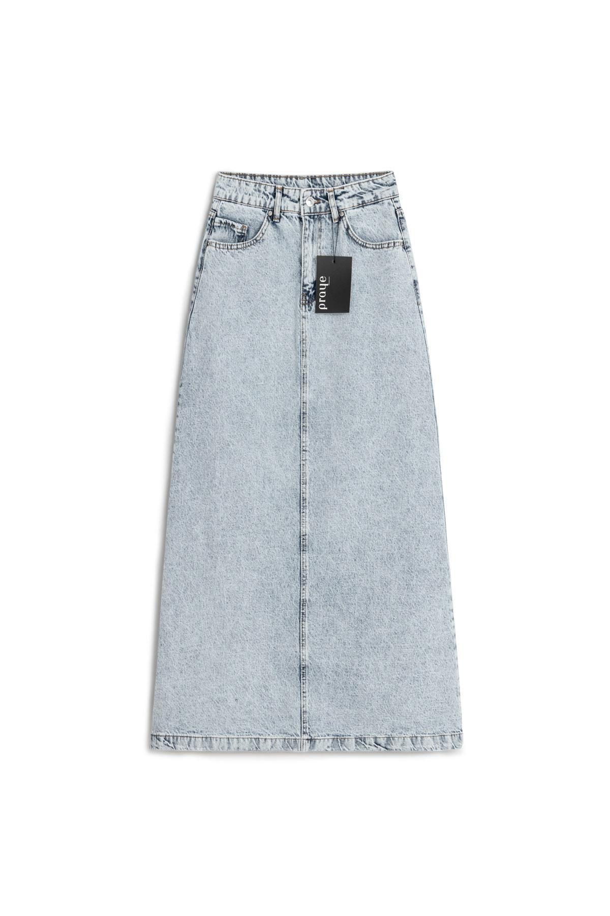 Uzun Çan Denim Etek Buz Mavi