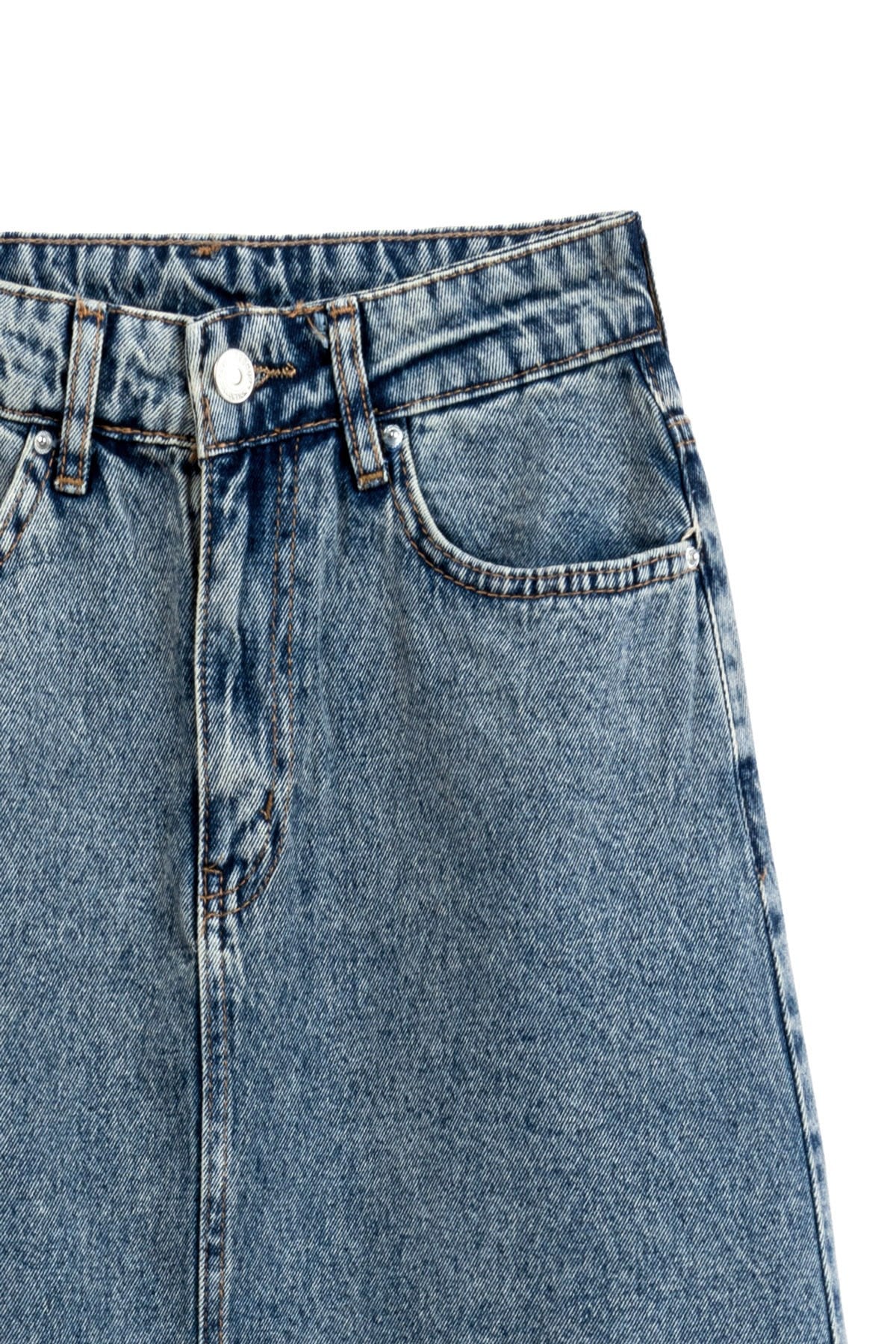 Uzun Çan Denim Etek Eskitme Kot