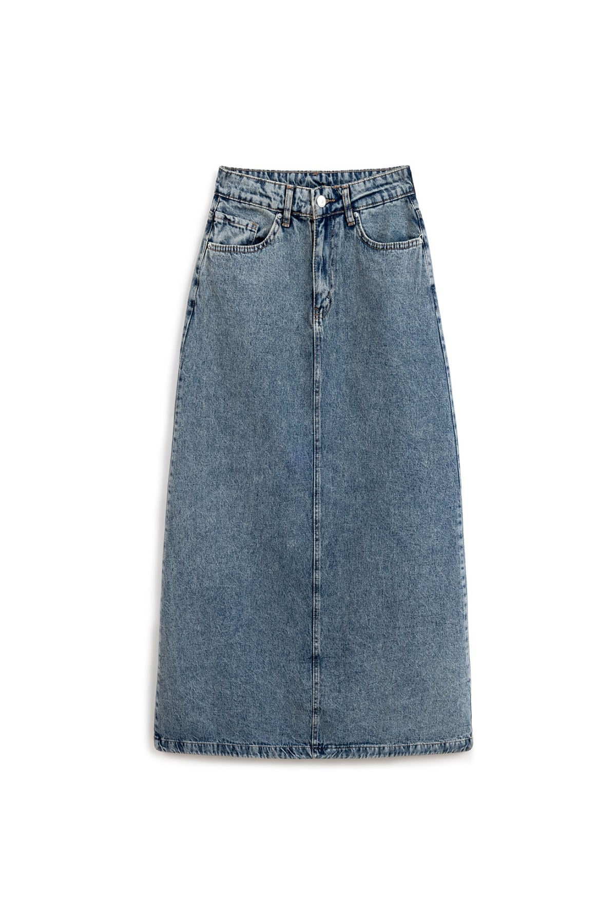 Uzun Çan Denim Etek Eskitme Kot