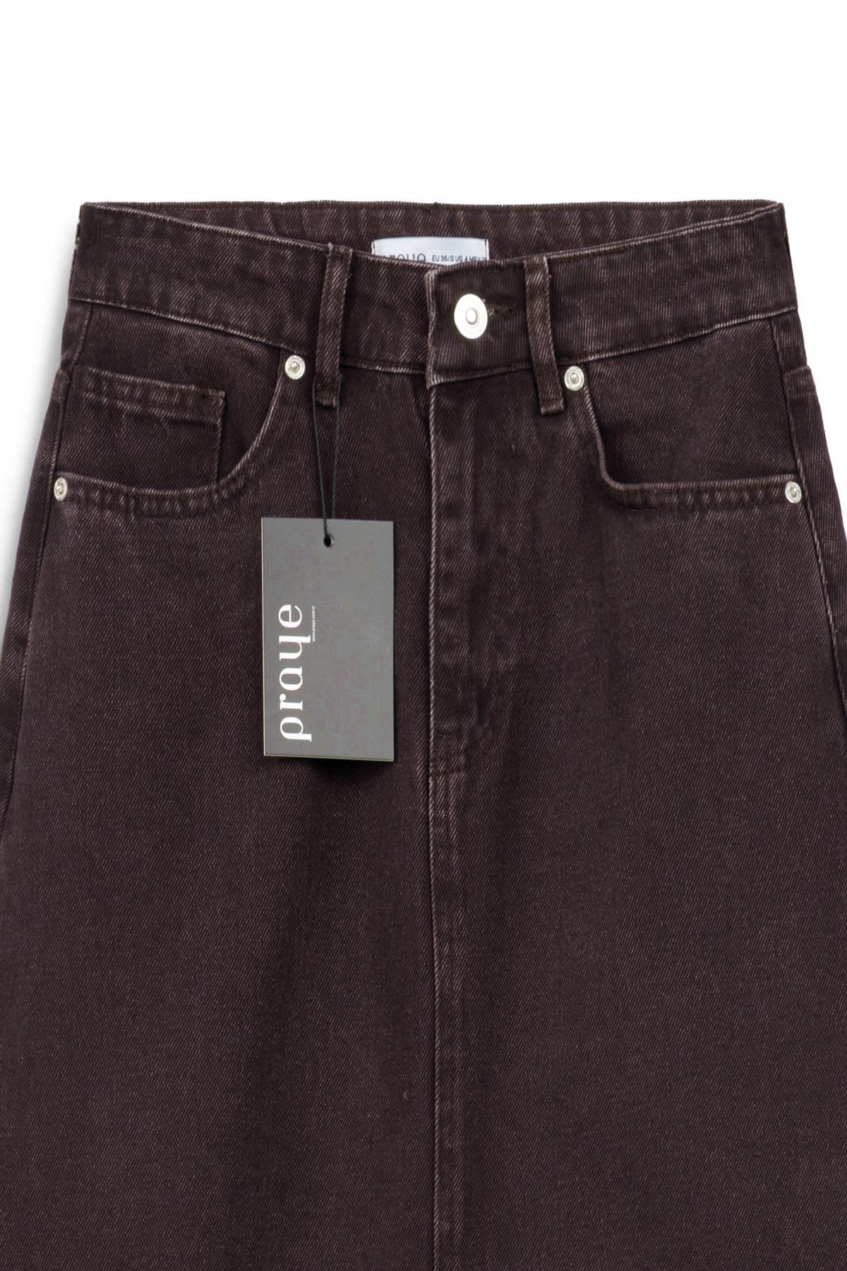 Uzun Çan Denim Etek Kahverengi