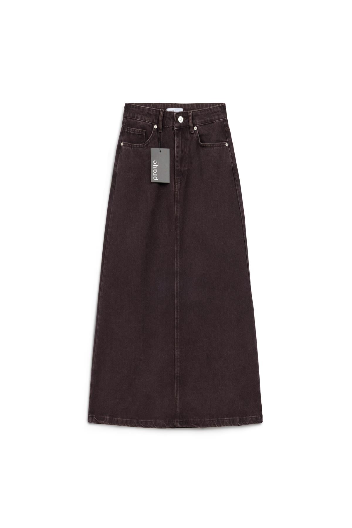 Uzun Çan Denim Etek Kahverengi