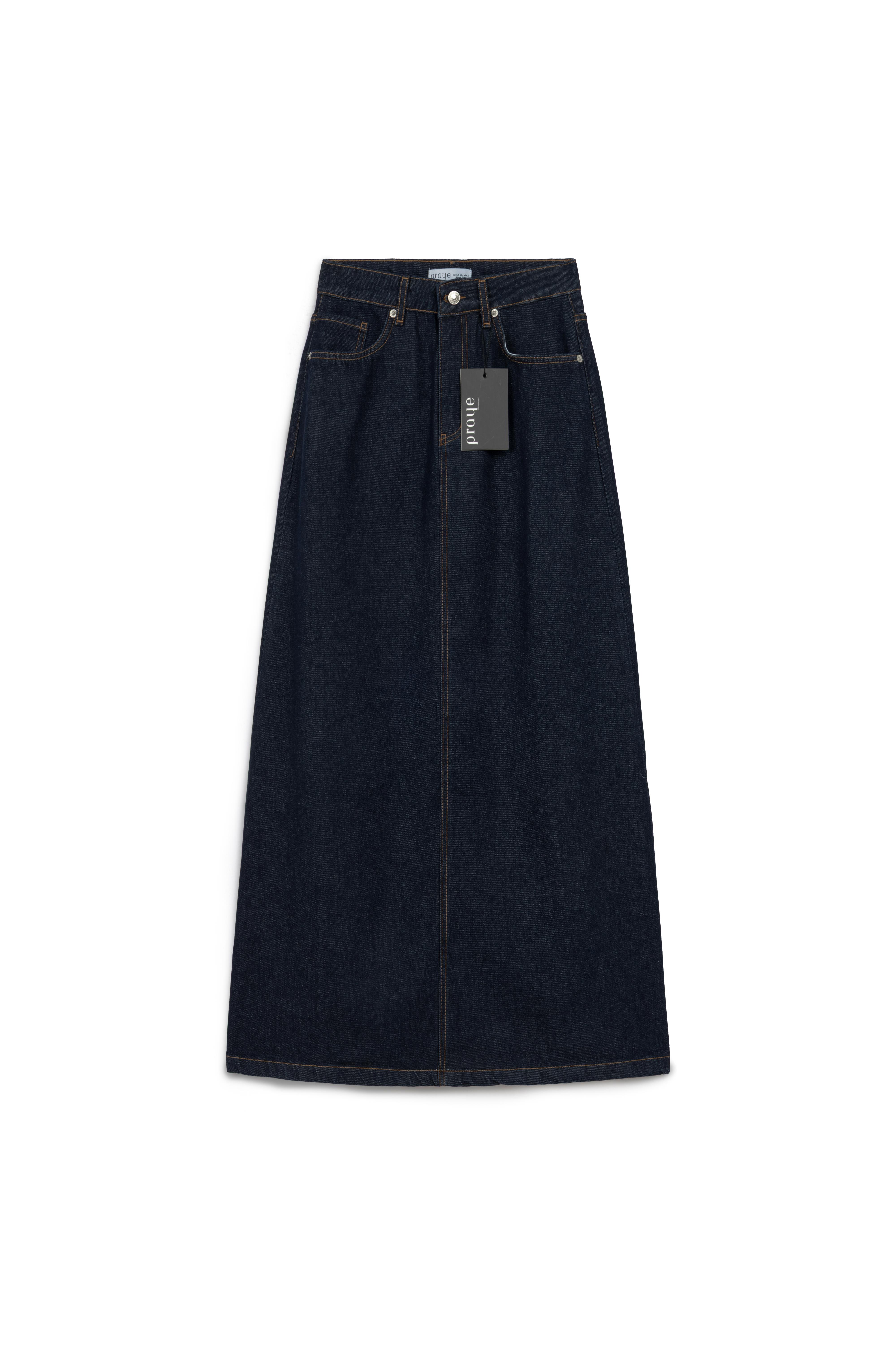 Uzun Çan Denim Etek Lacivert