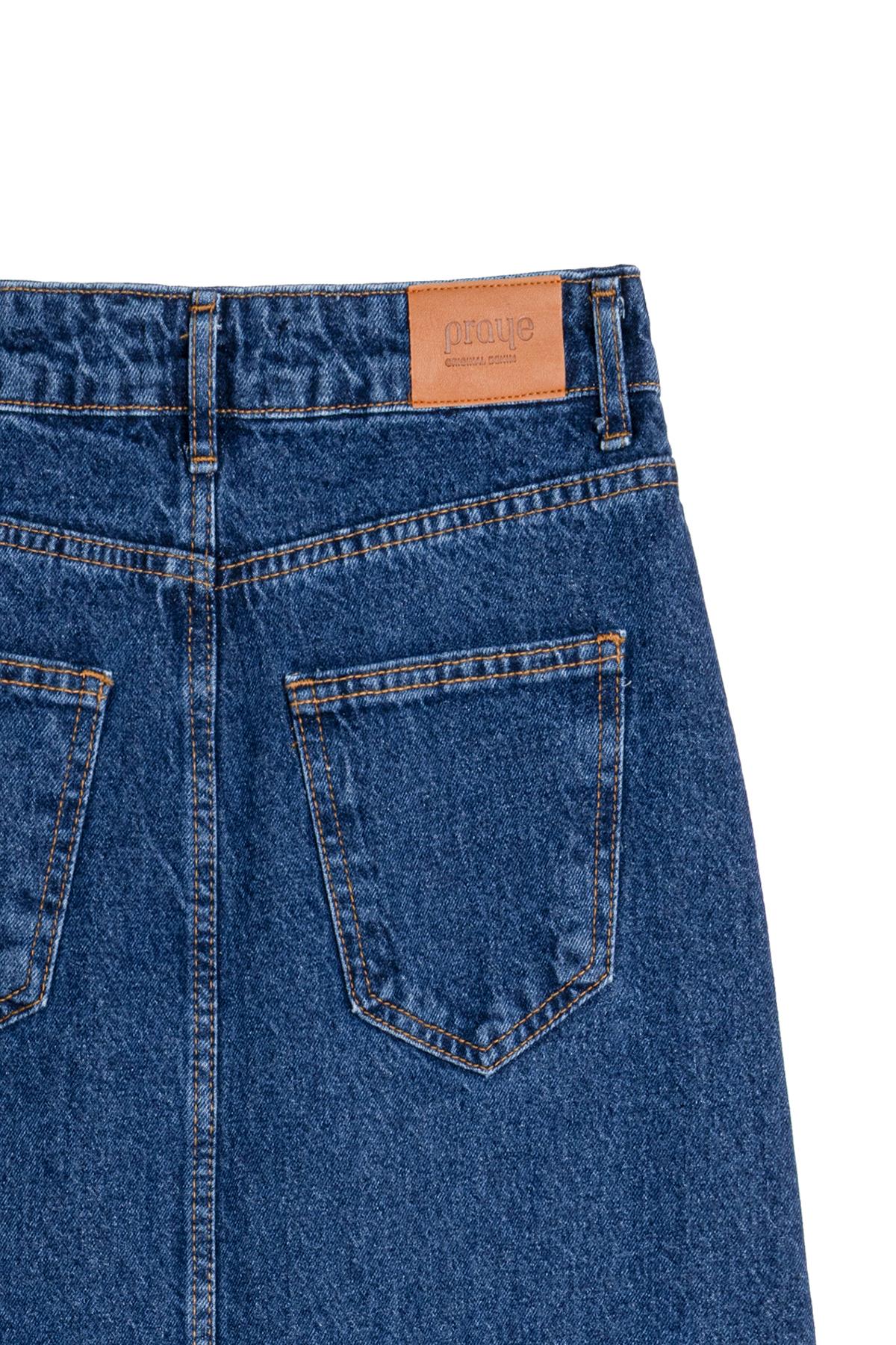 Uzun Çan Denim Etek Mavi