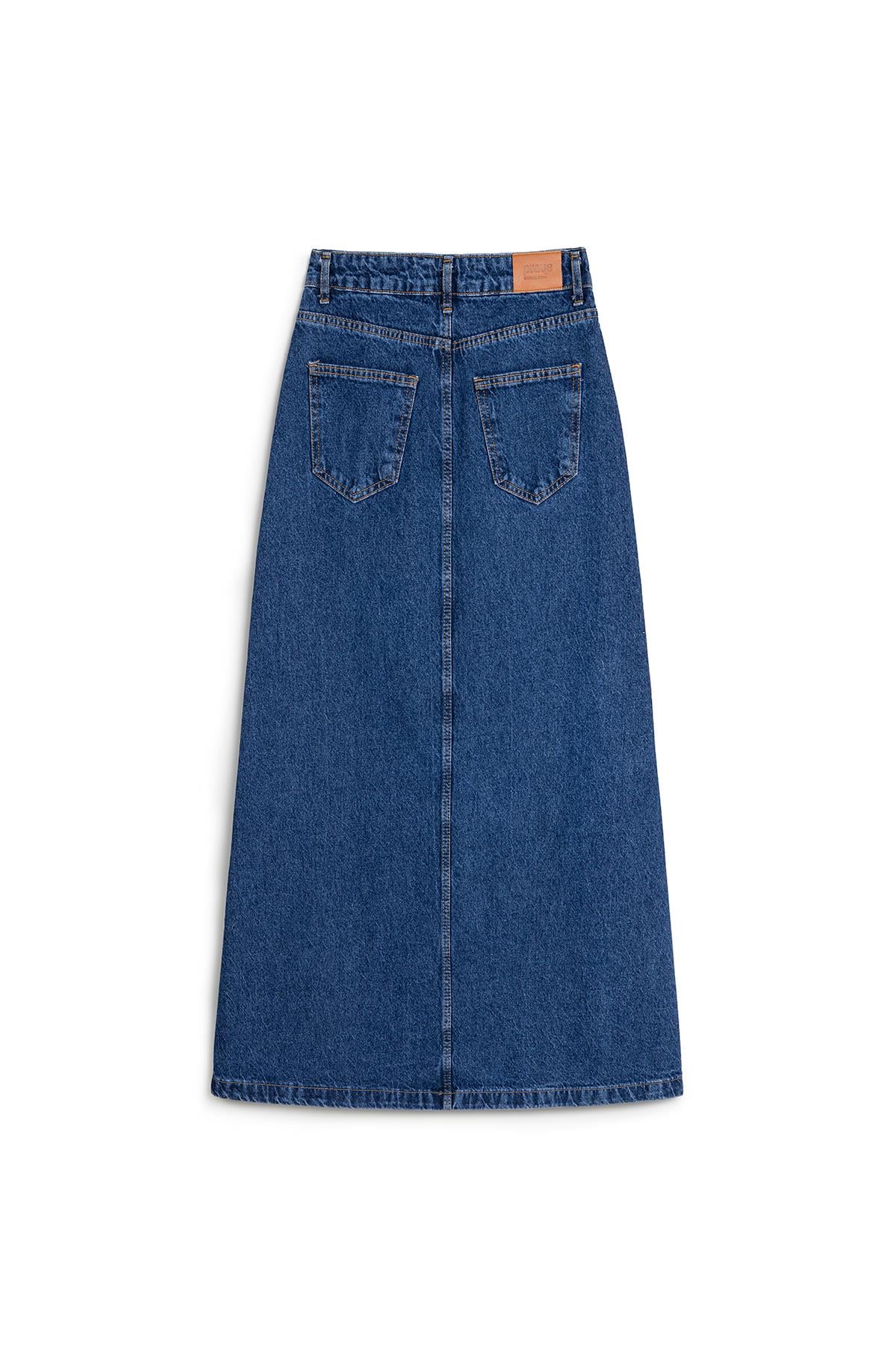 Uzun Çan Denim Etek Mavi