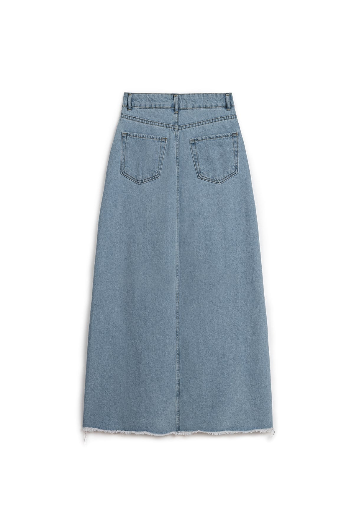 Uzun Püsküllü Denim Etek Açık Mavi