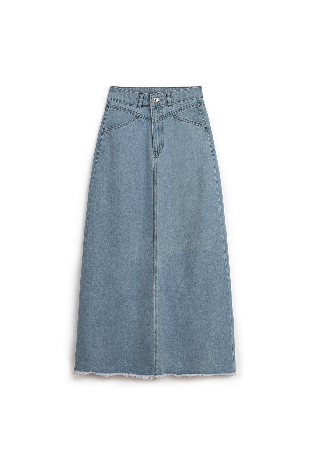 Uzun Püsküllü Denim Etek Açık Mavi