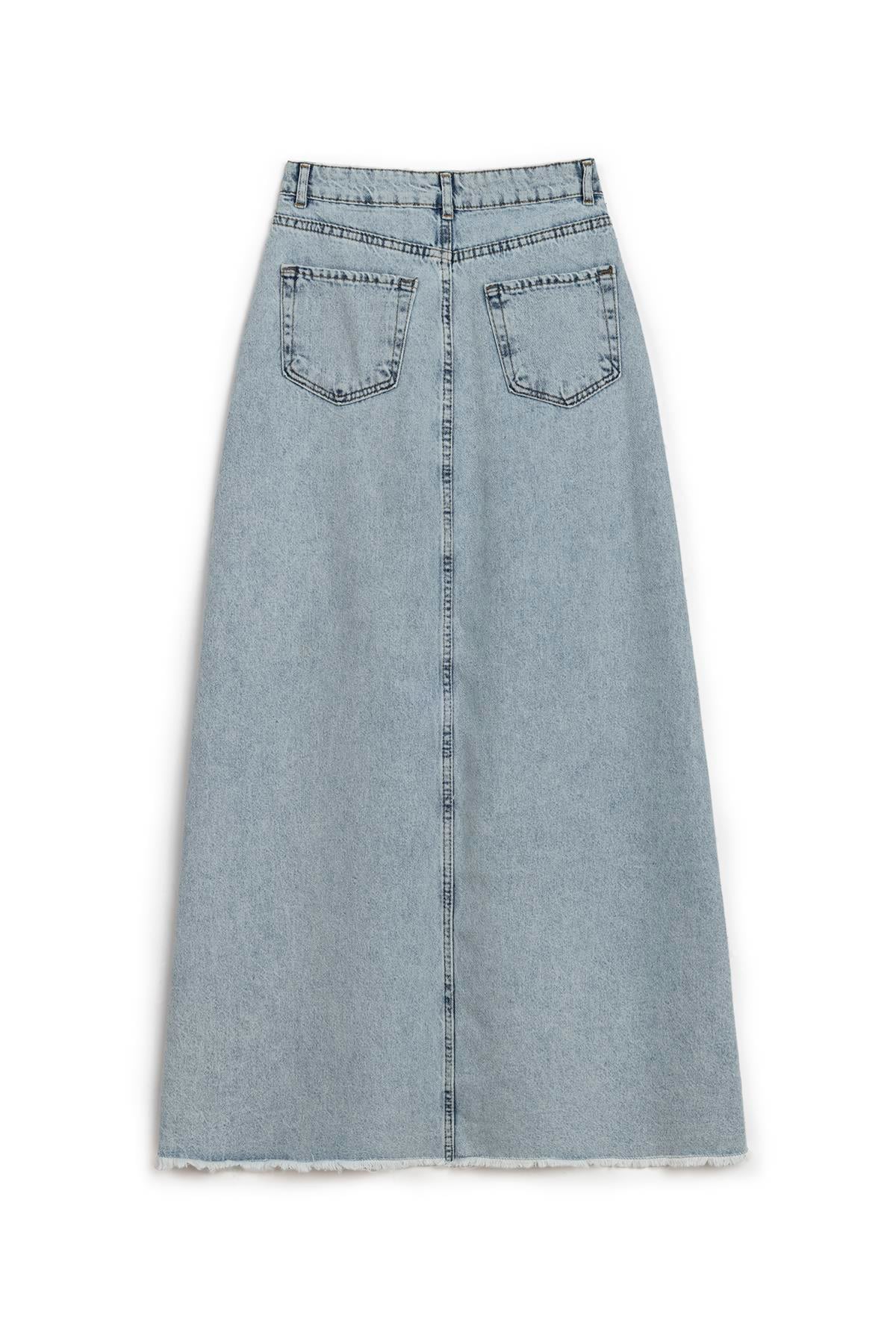 Uzun Püsküllü Denim Etek Buz Mavi
