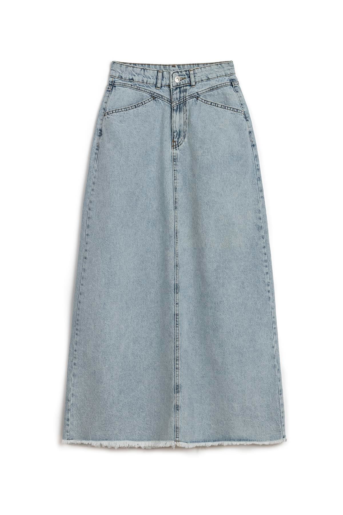 Uzun Püsküllü Denim Etek Buz Mavi