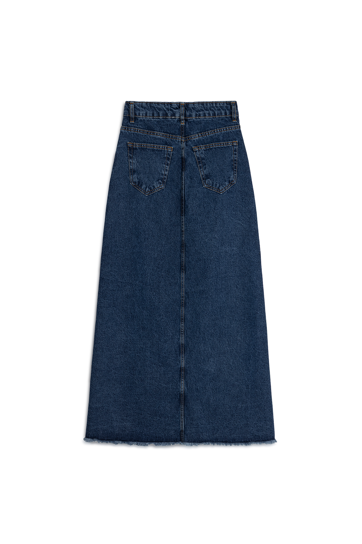 Uzun Püsküllü Denim Etek Koyu Mavi