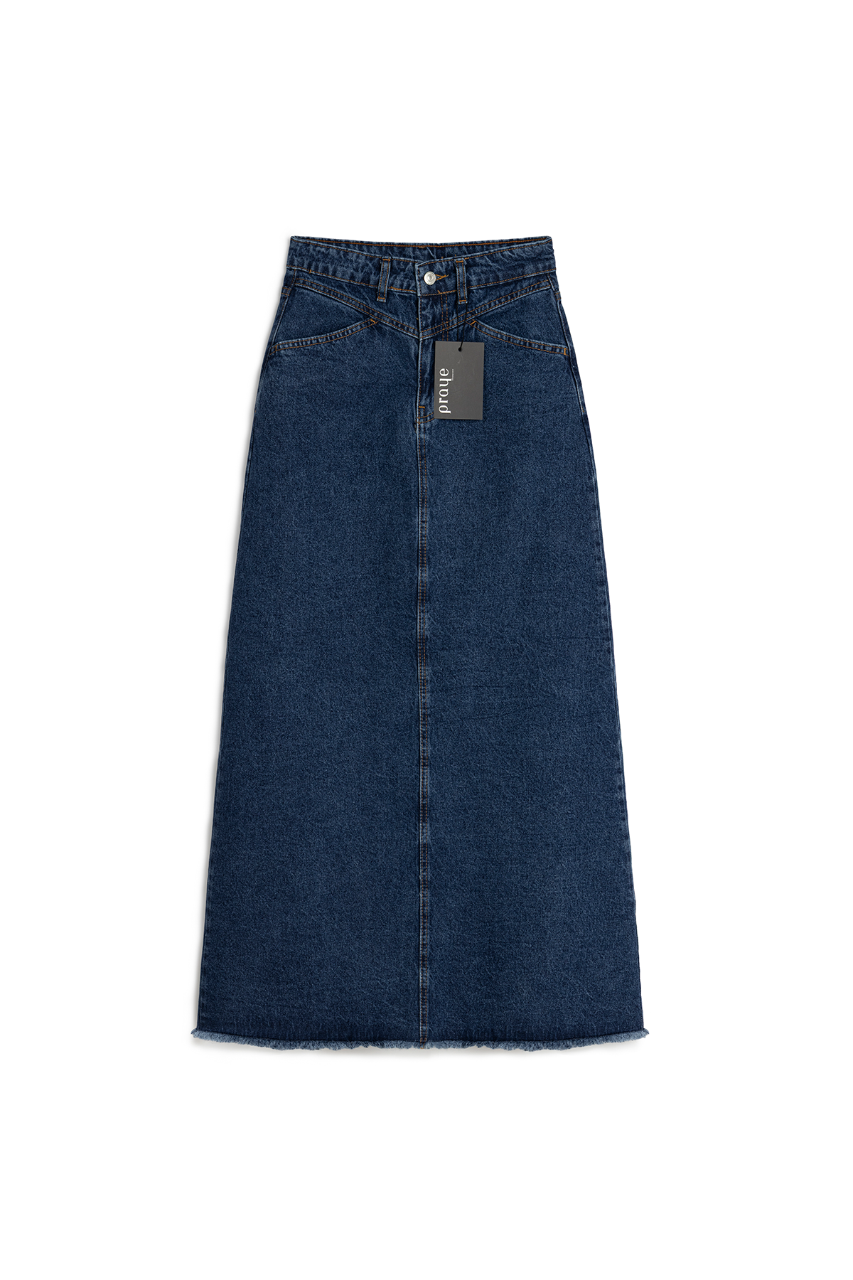 Uzun Püsküllü Denim Etek Koyu Mavi