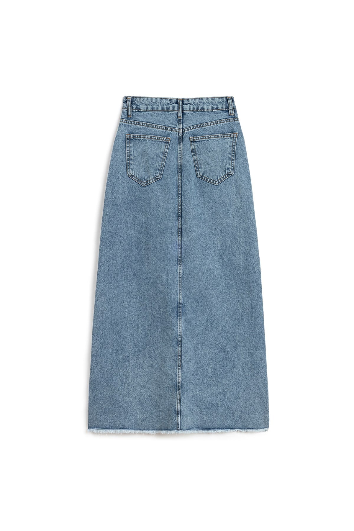 Uzun Püsküllü Denim Etek Mavi Kar Yıkama