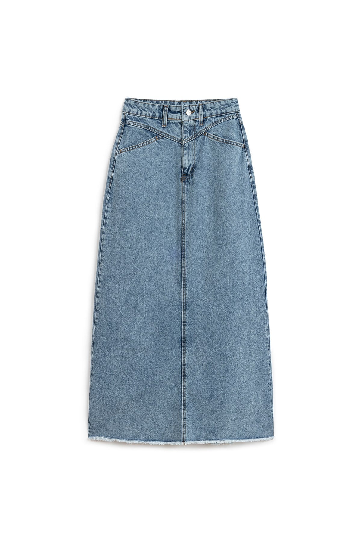 Uzun Püsküllü Denim Etek Mavi Kar Yıkama