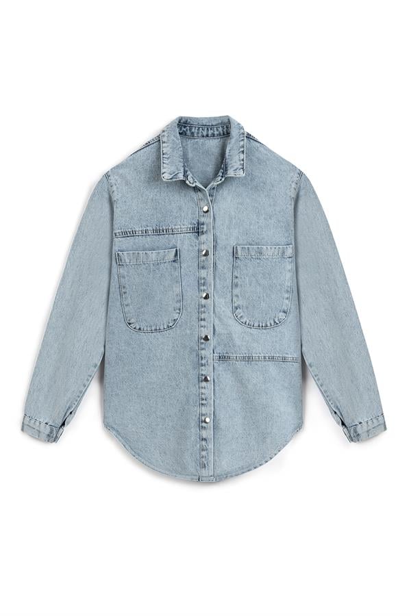 İki Cepli Denim Buz Mavi Gömlek