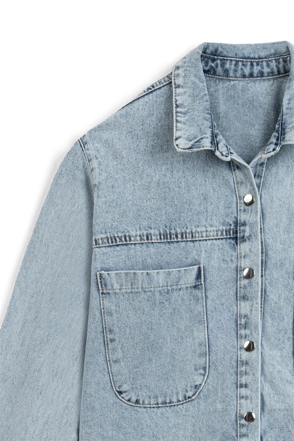İki Cepli Denim Buz Mavi Gömlek