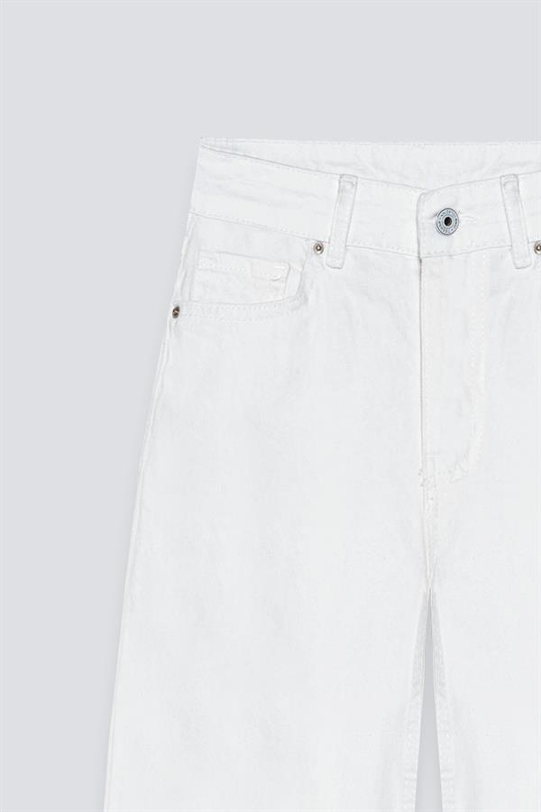 Lazer Kesim Wide Leg Jean Beyaz