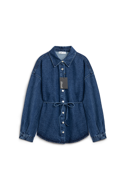 Oversize Bağlamalı Denim Ceket Koyu Mavi