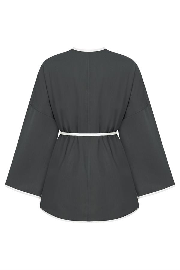 Şeritli Gabardin Kimono Füme