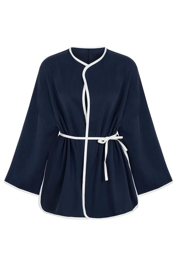 Şeritli Gabardin Kimono Lacivert