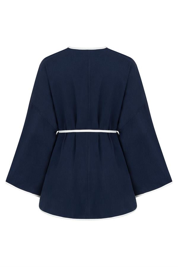 Şeritli Gabardin Kimono Lacivert