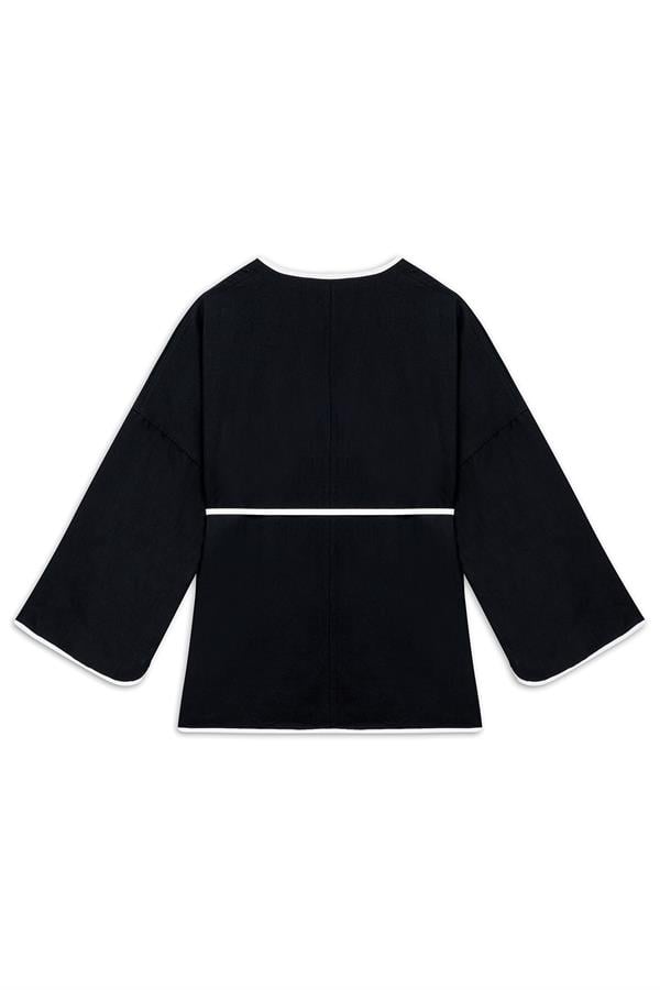 Şeritli Gabardin Kimono Siyah