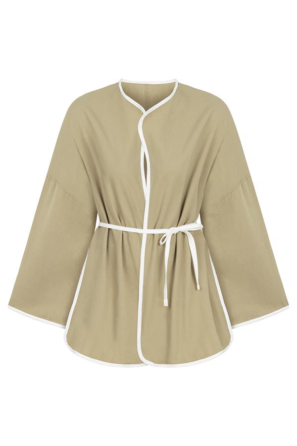 Şeritli Gabardin Kimono Yeşil