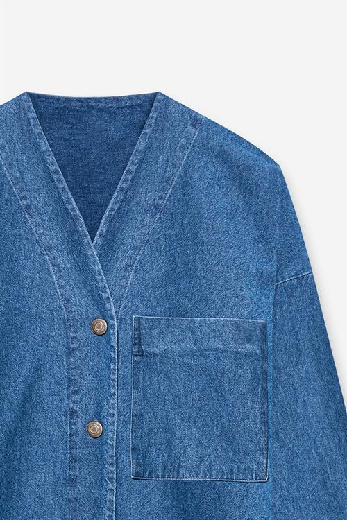 Tek Cepli Denim Ceket Mavi