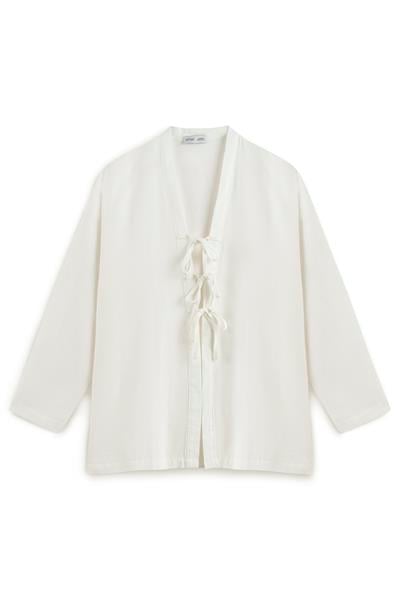 Bağcıklı Keten Karışımlı Kimono Beyaz