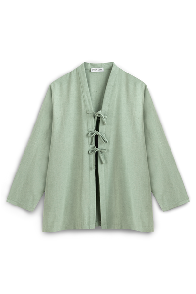Bağcıklı Keten Karışımlı Kimono Çağla