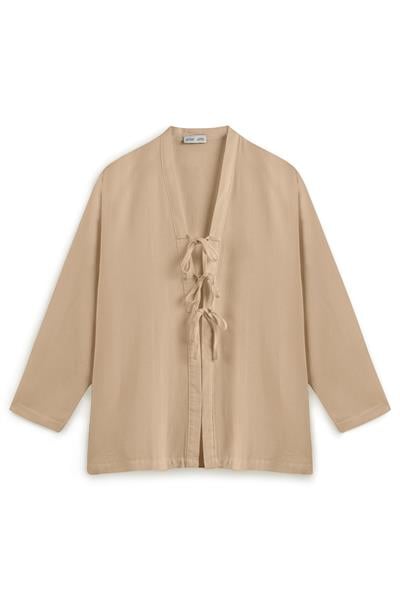 Bağcıklı Keten Karışımlı Kimono Camel