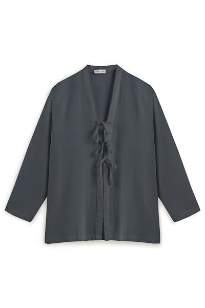 Bağcıklı Keten Karışımlı Kimono Füme