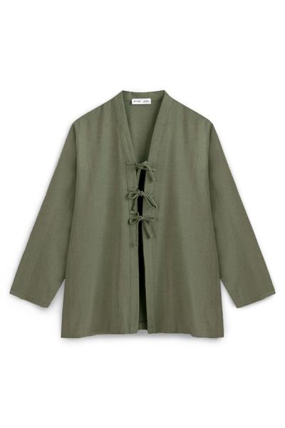 Bağcıklı Keten Karışımlı Kimono Haki