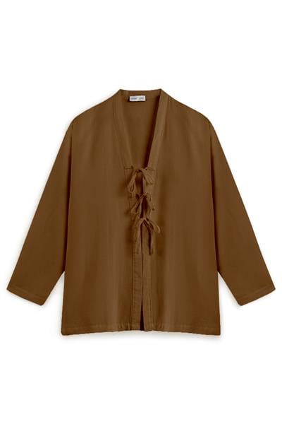 Bağcıklı Keten Karışımlı Kimono Kahverengi