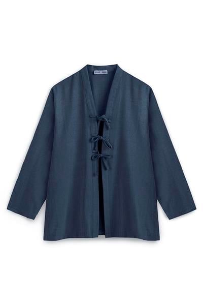 Bağcıklı Keten Karışımlı Kimono Lacivert