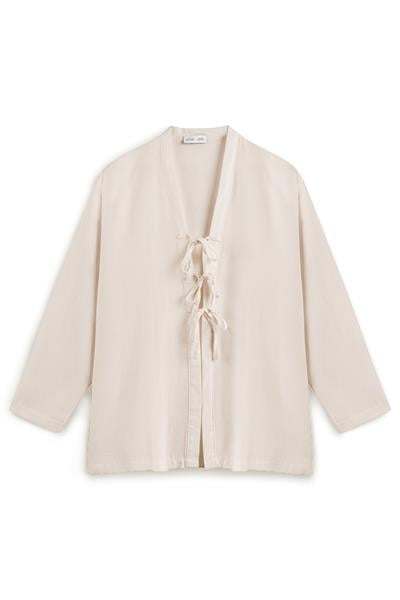 Bağcıklı Keten Karışımlı Kimono Taş