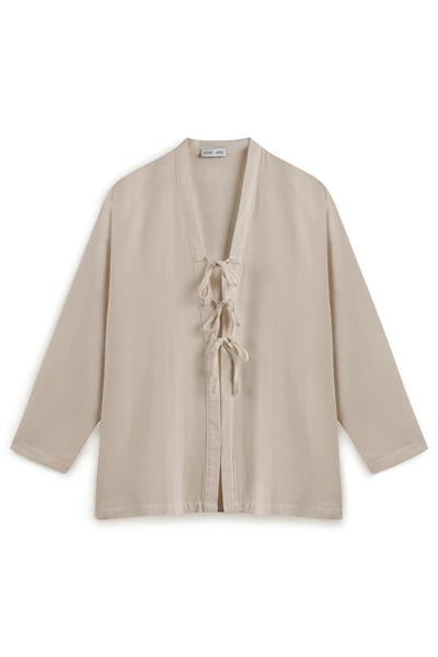 Bağcıklı Keten Karışımlı Kimono Vizon
