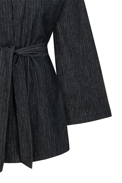 Bağlamalı Çizgili Denim Kimono Mavi