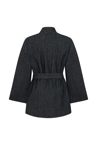 Bağlamalı Çizgili Denim Kimono Mavi