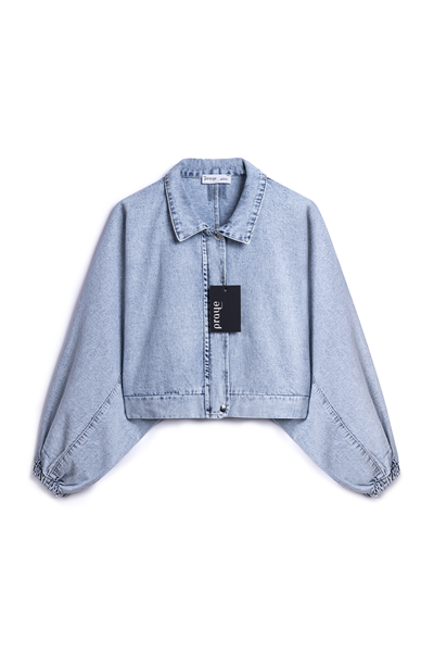Balon Kol Kısa Denim Ceket Buz Mavi
