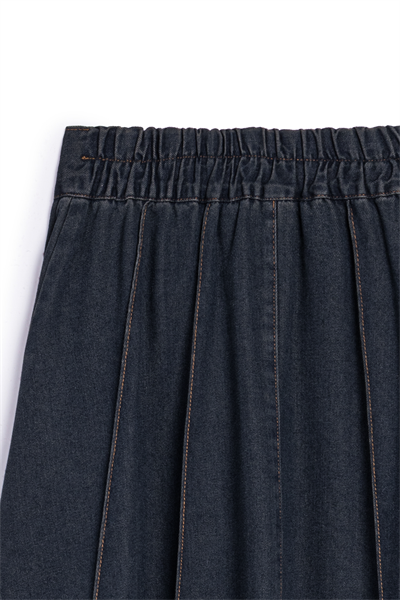 Biyeli Kloş Denim Etek Koyu Mavi