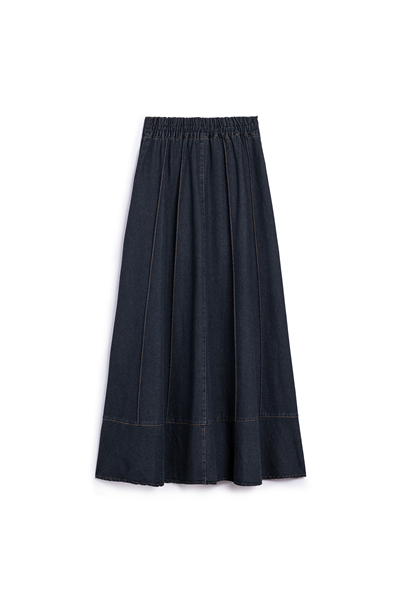 Biyeli Kloş Denim Etek Koyu Mavi