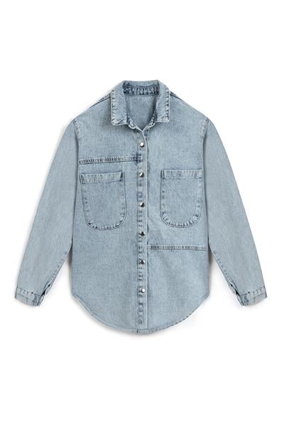 İki Cepli Denim Buz Mavi Gömlek