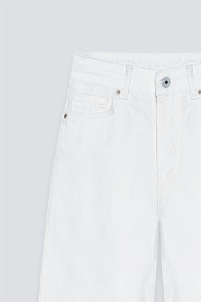 Lazer Kesim Wide Leg Jean Beyaz