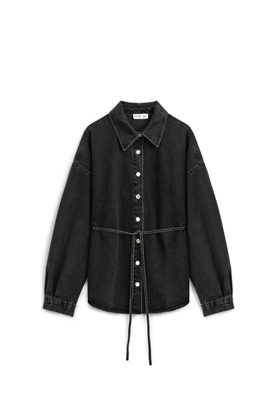 Oversize Bağlamalı Denim Ceket Antrasit