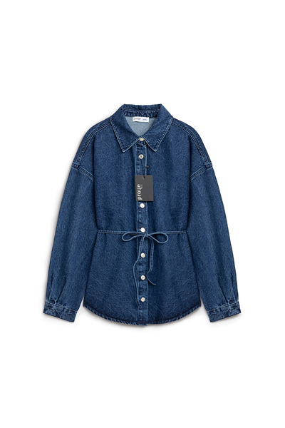 Oversize Bağlamalı Denim Ceket Koyu Mavi
