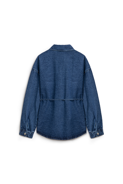 Oversize Bağlamalı Denim Ceket Koyu Mavi