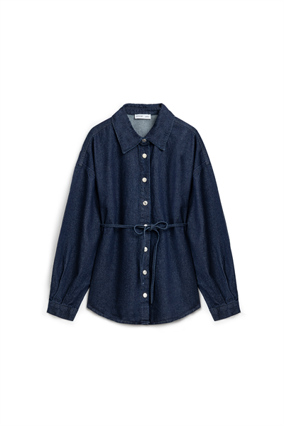 Oversize Bağlamalı Denim Ceket Lacivert
