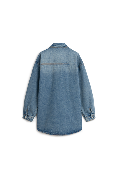 Oversize Uzun Denim Ceket Eskitme Kot