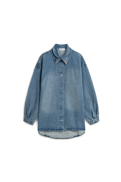 Oversize Uzun Denim Ceket Eskitme Kot