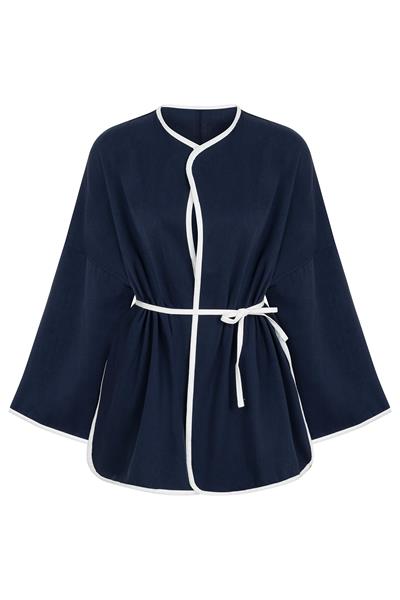 Şeritli Gabardin Kimono Lacivert