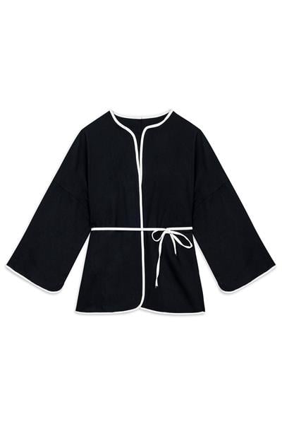 Şeritli Gabardin Kimono Siyah
